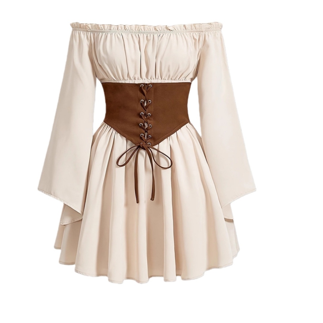 Womens Elegant Off Shoulder Dress Long Flared Sleeves High Waist Ruffled Dress